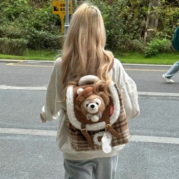 Плюшена раница за студенти – уличен стил, тема Дъфи Коледа, затваряне с капак, джоб за телефон, подплата, голям капацитет