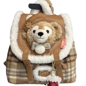 Плюшена раница за студенти – уличен стил, тема Дъфи Коледа, затваряне с капак, джоб за телефон, подплата, голям капацитет