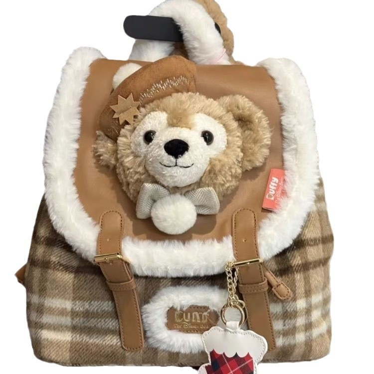 Плюшена раница за студенти – уличен стил, тема Дъфи Коледа, затваряне с капак, джоб за телефон, подплата, голям капацитет