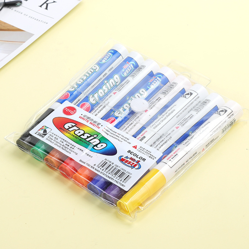 XINNIAN Törölhető fehér táblás marker — műanyag test, újratölthető tinta, alkalmas papír, fehér tábla, üveg és porcelán felületekre; PVC csomagolás; logó nyomtatás elérhető.