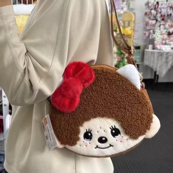 Monchhichi crossbody torba s plišanim izvezom, dječji crtani stil, podstava od poliestera, zatvaranje zipom