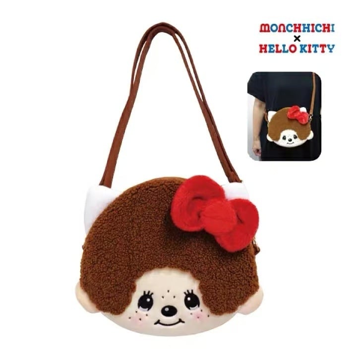 Monchhichi crossbody torba s plišanim izvezom, dječji crtani stil, podstava od poliestera, zatvaranje zipom