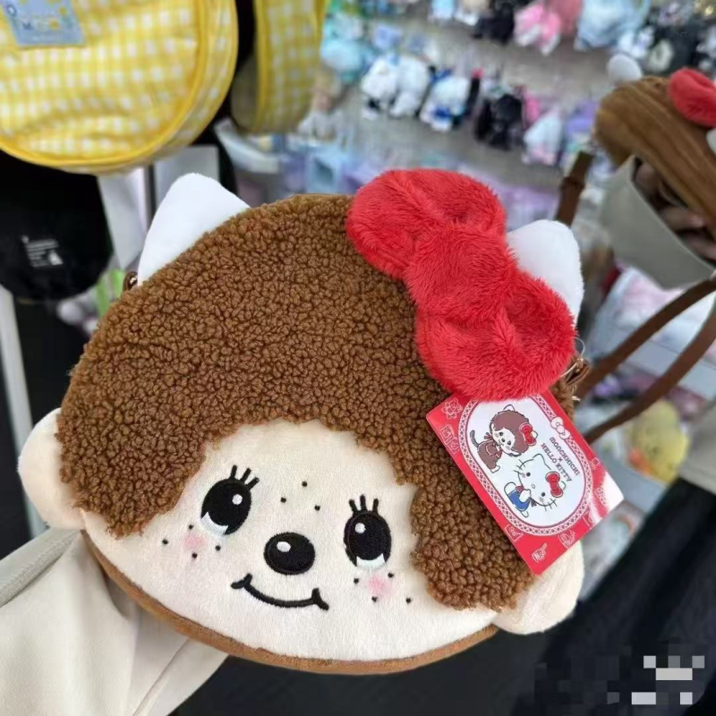 Monchhichi crossbody torba s plišanim izvezom, dječji crtani stil, podstava od poliestera, zatvaranje zipom
