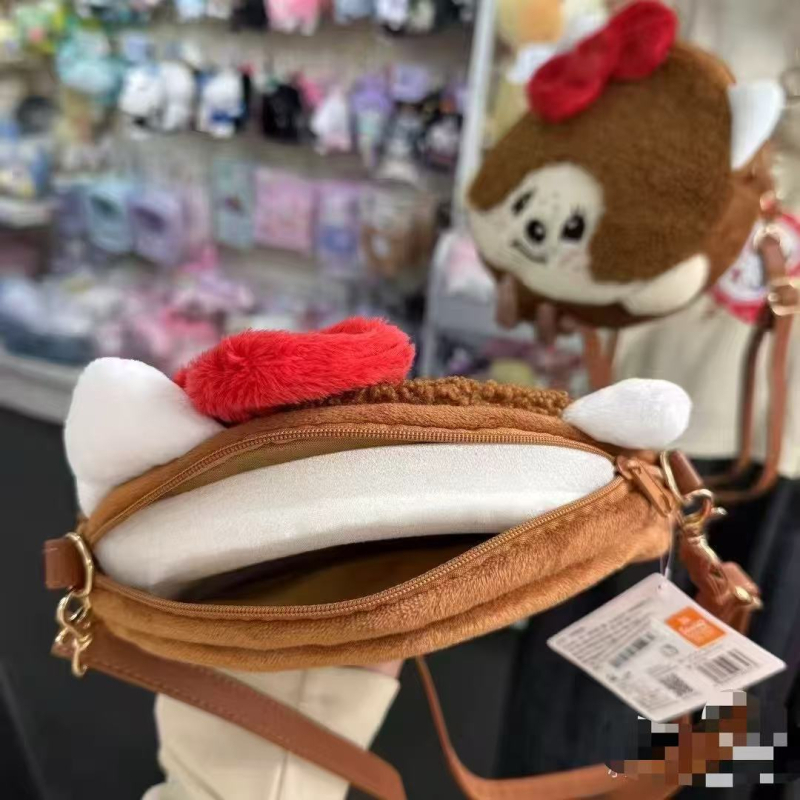 Monchhichi crossbody torba s plišanim izvezom, dječji crtani stil, podstava od poliestera, zatvaranje zipom