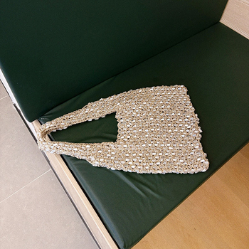 Geantă de umăr croșetată manual, textură pluș, stil urban simplu, bumbac, formă vertical pătrată, căptușeală poliester, buzunare pentru telefon și ID