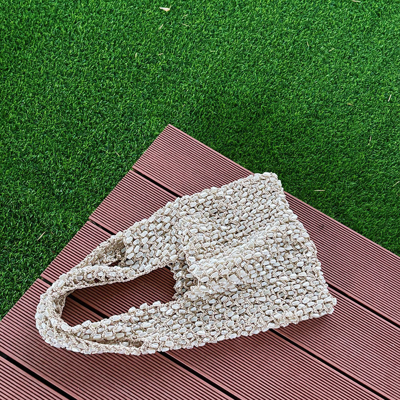 Geantă de umăr croșetată manual, textură pluș, stil urban simplu, bumbac, formă vertical pătrată, căptușeală poliester, buzunare pentru telefon și ID