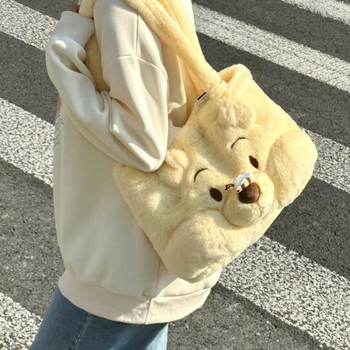 Geantă de umăr tote pentru toamnă-iarnă, cu design urs pluș, material din bumbac, căptușeală din bumbac, bretele, capacitate sub 20L