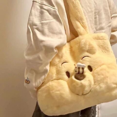 Geantă de umăr tote pentru toamnă-iarnă, cu design urs pluș, material din bumbac, căptușeală din bumbac, bretele, capacitate sub 20L