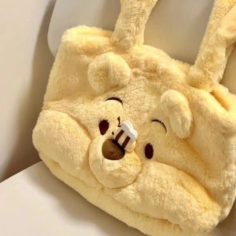 Geantă de umăr tote pentru toamnă-iarnă, cu design urs pluș, material din bumbac, căptușeală din bumbac, bretele, capacitate sub 20L