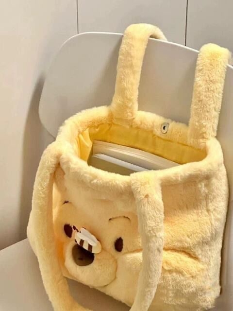 Geantă de umăr tote pentru toamnă-iarnă, cu design urs pluș, material din bumbac, căptușeală din bumbac, bretele, capacitate sub 20L