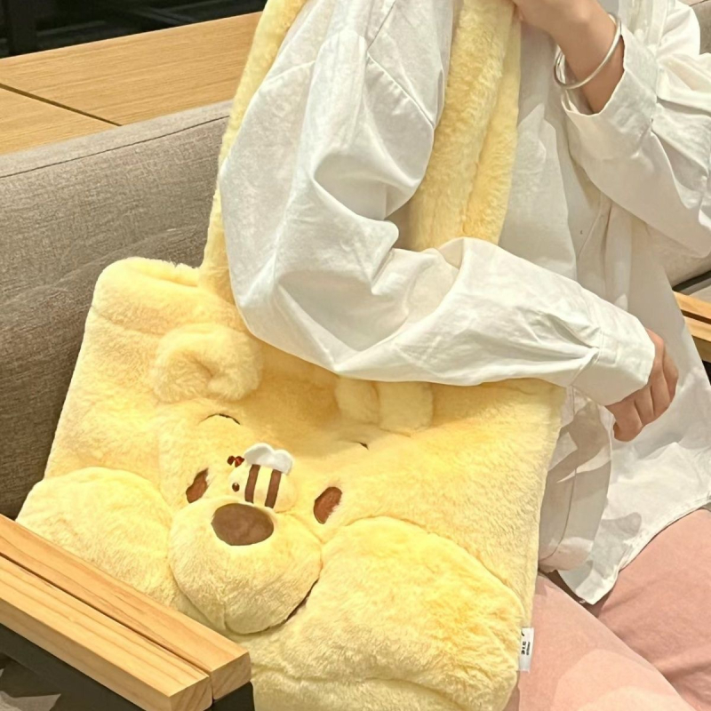 Geantă de umăr tote pentru toamnă-iarnă, cu design urs pluș, material din bumbac, căptușeală din bumbac, bretele, capacitate sub 20L