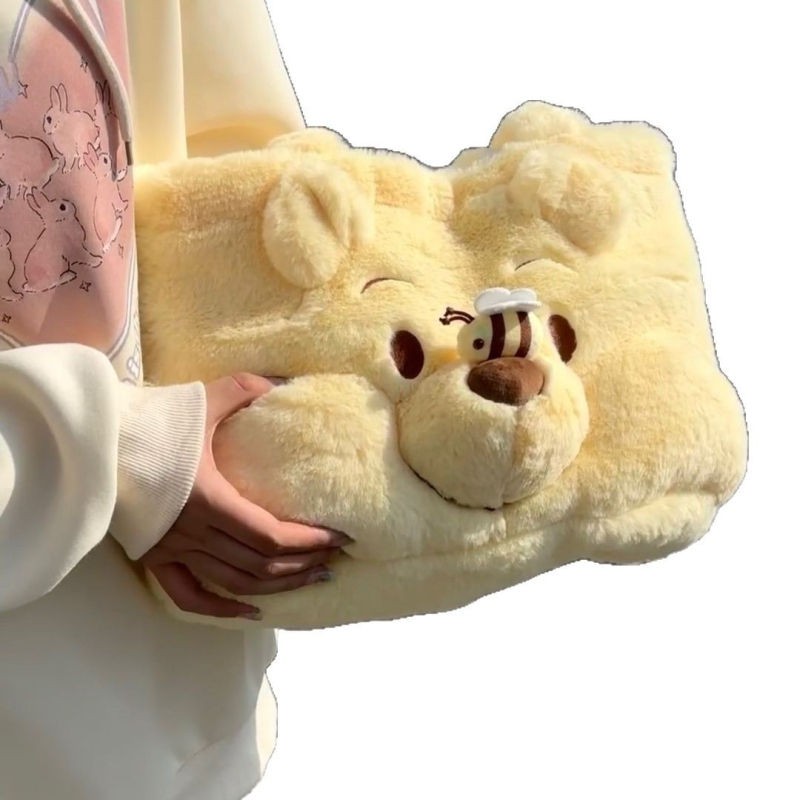 Geantă de umăr tote pentru toamnă-iarnă, cu design urs pluș, material din bumbac, căptușeală din bumbac, bretele, capacitate sub 20L