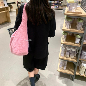 Geantă de umăr din pluș, unisex, stil găleată, deschidere deschisă, curea single, iarna 2025