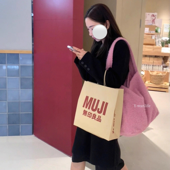 Geantă de umăr din pluș, unisex, stil găleată, deschidere deschisă, curea single, iarna 2025