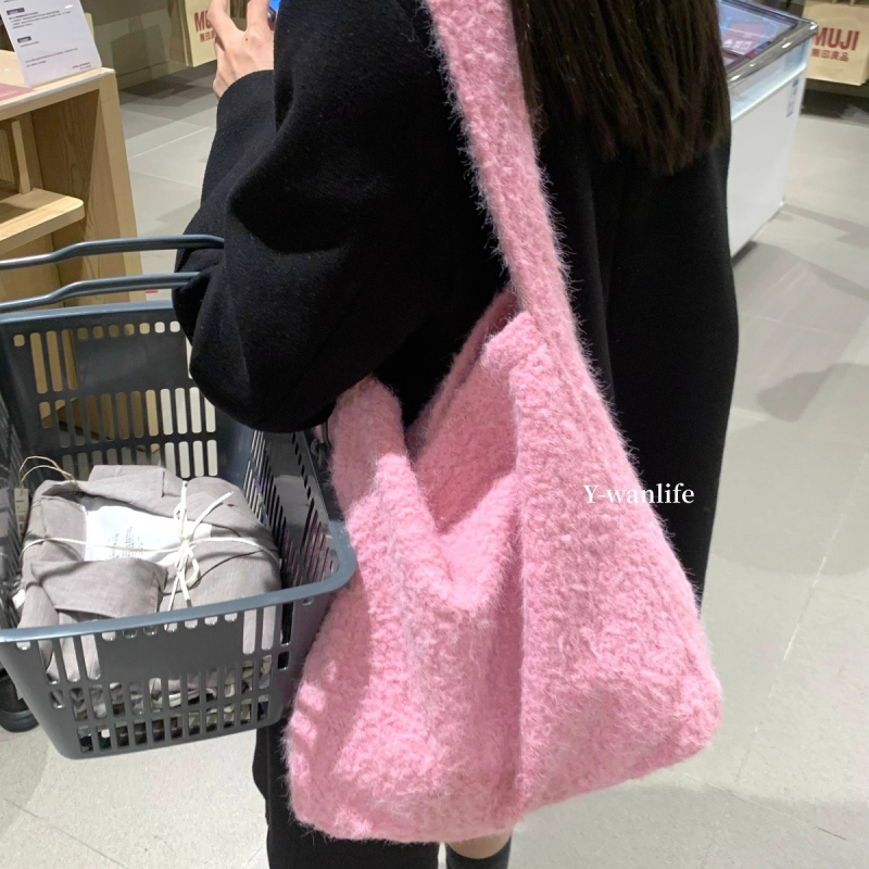 Geantă de umăr din pluș, unisex, stil găleată, deschidere deschisă, curea single, iarna 2025