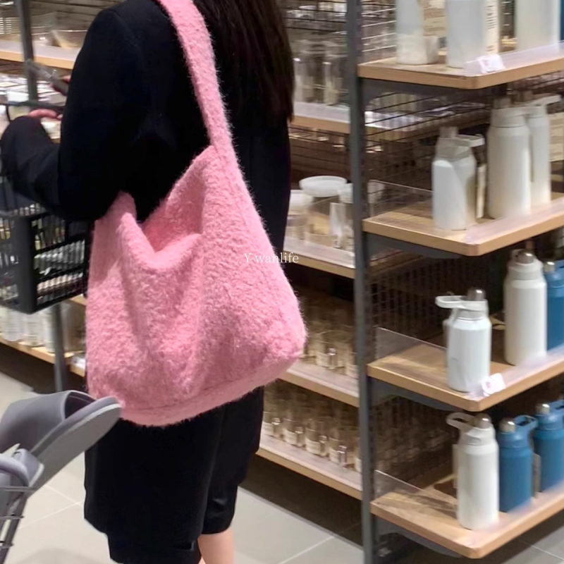 Geantă de umăr din pluș, unisex, stil găleată, deschidere deschisă, curea single, iarna 2025