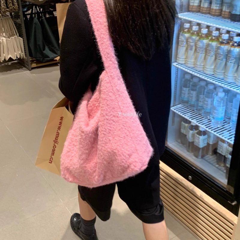 Geantă de umăr din pluș, unisex, stil găleată, deschidere deschisă, curea single, iarna 2025