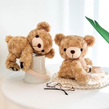 Geantă crossbody din pluș în formă de urs pentru femei, cilindrică, cu fermoar și buzunar interior pentru telefon