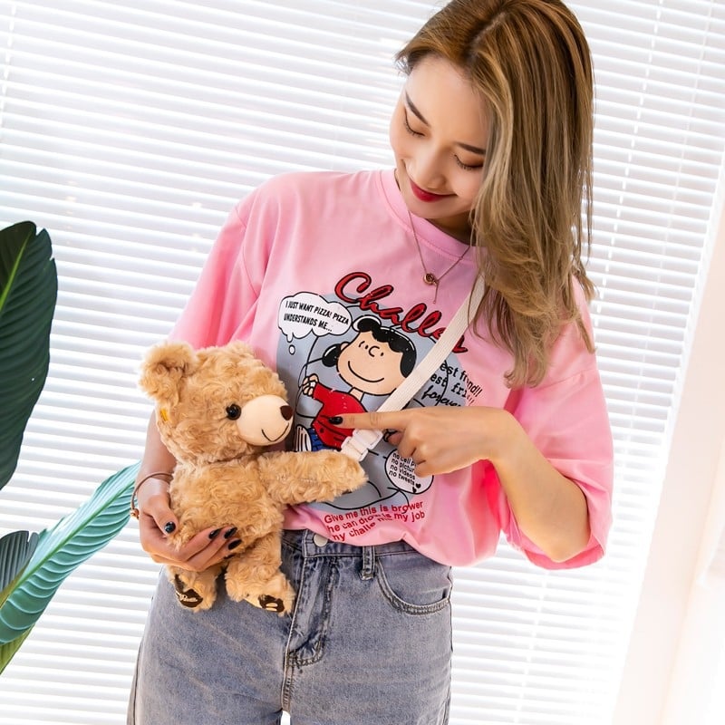 Geantă crossbody din pluș în formă de urs pentru femei, cilindrică, cu fermoar și buzunar interior pentru telefon