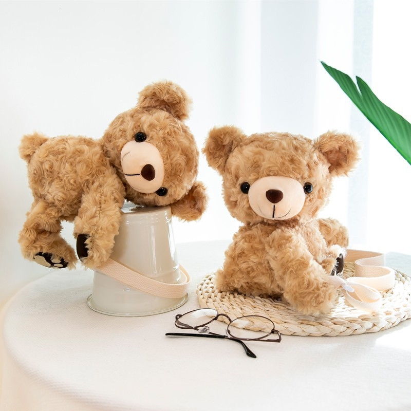 Geantă crossbody din pluș în formă de urs pentru femei, cilindrică, cu fermoar și buzunar interior pentru telefon