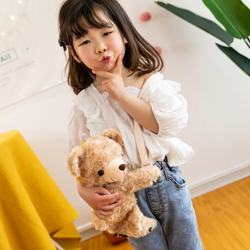 Geantă crossbody din pluș în formă de urs pentru femei, cilindrică, cu fermoar și buzunar interior pentru telefon