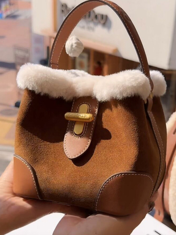 Geantă bucket din velur, stil coreean, închidere cu șnur, buzunar interior cu fermoar, căptușeală din poliester