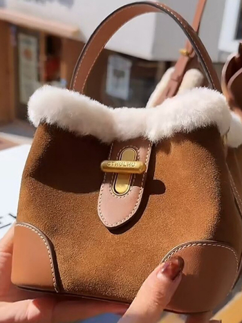 Geantă bucket din velur, stil coreean, închidere cu șnur, buzunar interior cu fermoar, căptușeală din poliester