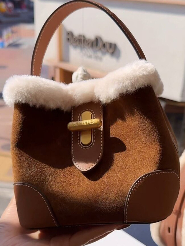 Geantă bucket din velur, stil coreean, închidere cu șnur, buzunar interior cu fermoar, căptușeală din poliester