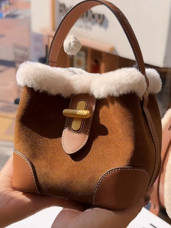 Geantă bucket din velur, stil coreean, închidere cu șnur, buzunar interior cu fermoar, căptușeală din poliester