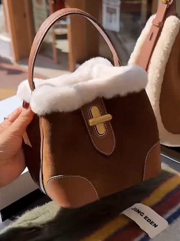 Geantă bucket din velur, stil coreean, închidere cu șnur, buzunar interior cu fermoar, căptușeală din poliester