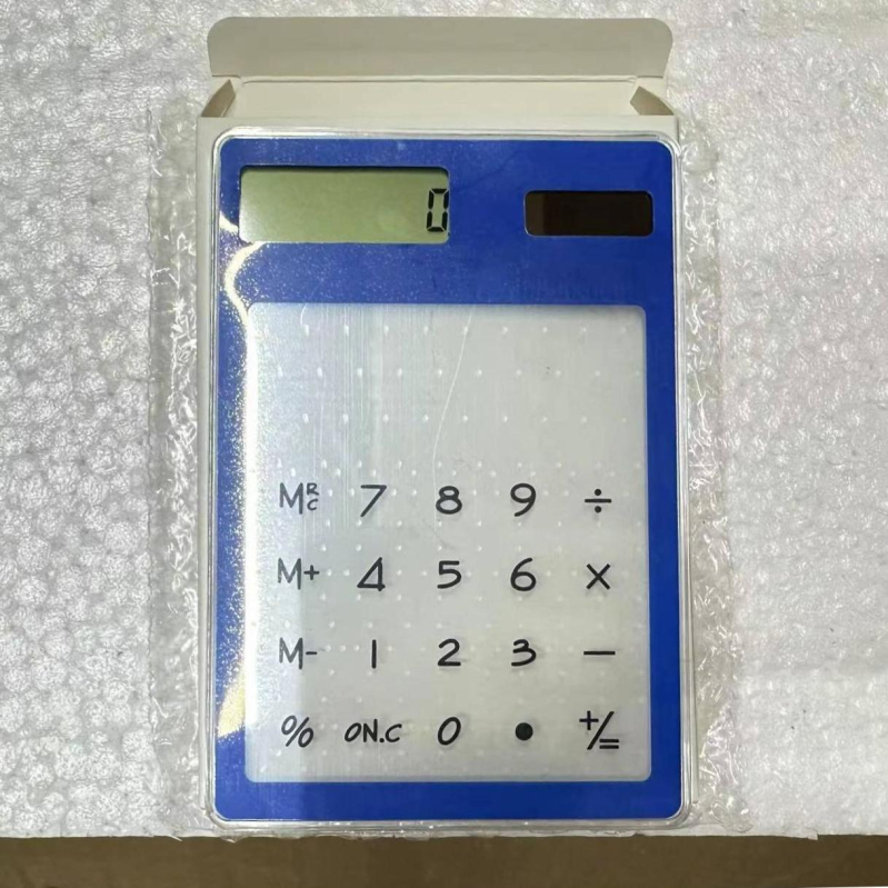 Aritmetikai számológép átlátszó érintőképernyővel, ultrakönnyű, napelemes működés, 8-jegyű kijelző, testreszabott logó nyomtatás, üzleti ajándék