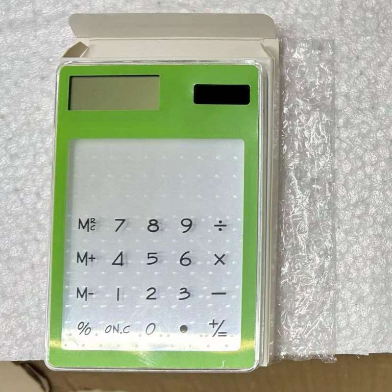 Aritmetikai számológép átlátszó érintőképernyővel, ultrakönnyű, napelemes működés, 8-jegyű kijelző, testreszabott logó nyomtatás, üzleti ajándék