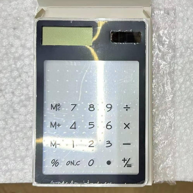 Aritmetikai számológép átlátszó érintőképernyővel, ultrakönnyű, napelemes működés, 8-jegyű kijelző, testreszabott logó nyomtatás, üzleti ajándék