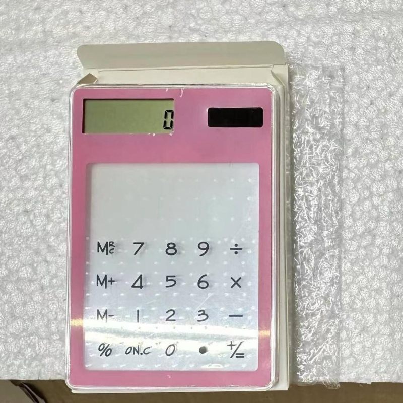 Aritmetikai számológép átlátszó érintőképernyővel, ultrakönnyű, napelemes működés, 8-jegyű kijelző, testreszabott logó nyomtatás, üzleti ajándék