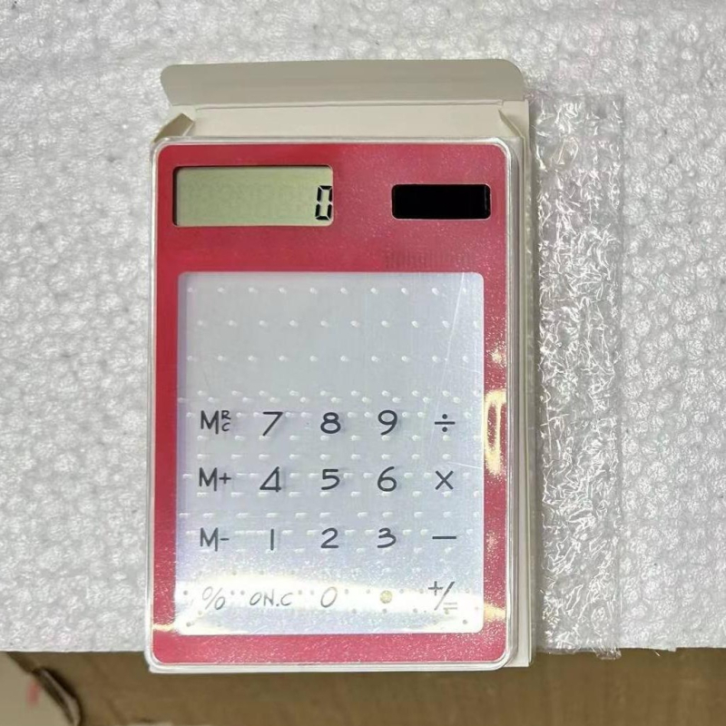 Aritmetikai számológép átlátszó érintőképernyővel, ultrakönnyű, napelemes működés, 8-jegyű kijelző, testreszabott logó nyomtatás, üzleti ajándék