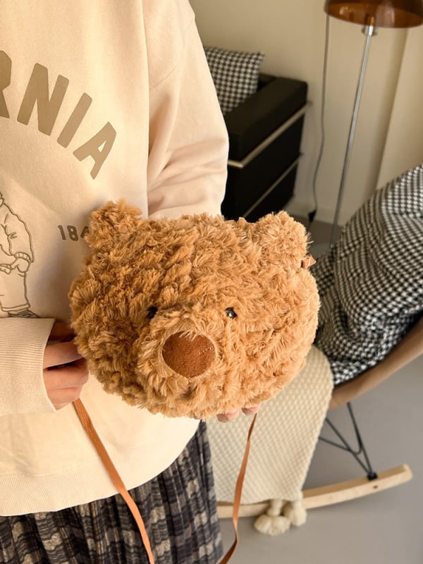 Pliš backpack u obliku medvjedića, sladak crtić dizajn, kružni oblik, zatvaranje zipom (Stil: osvježen i sladak; Materijal: pliš; Tip torbe: underarm bag; Oblik: okrugli; Sezona: jesen 2023)