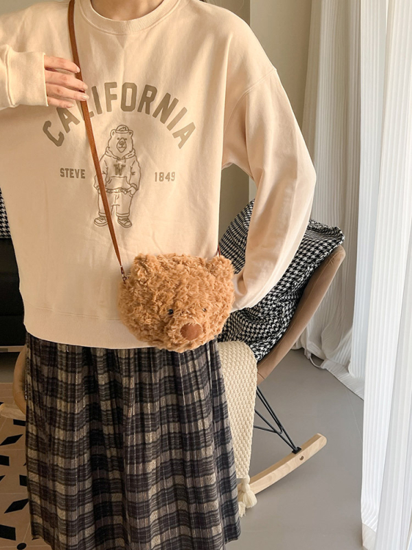 Pliš backpack u obliku medvjedića, sladak crtić dizajn, kružni oblik, zatvaranje zipom (Stil: osvježen i sladak; Materijal: pliš; Tip torbe: underarm bag; Oblik: okrugli; Sezona: jesen 2023)