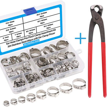 Stezaljka za grlo — 80 komada, 304 nehrđajućeg čelika, jednovušna bezšavna, 6–23,5 mm, s kliještima