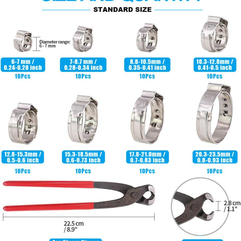Stezaljka za grlo — 80 komada, 304 nehrđajućeg čelika, jednovušna bezšavna, 6–23,5 mm, s kliještima