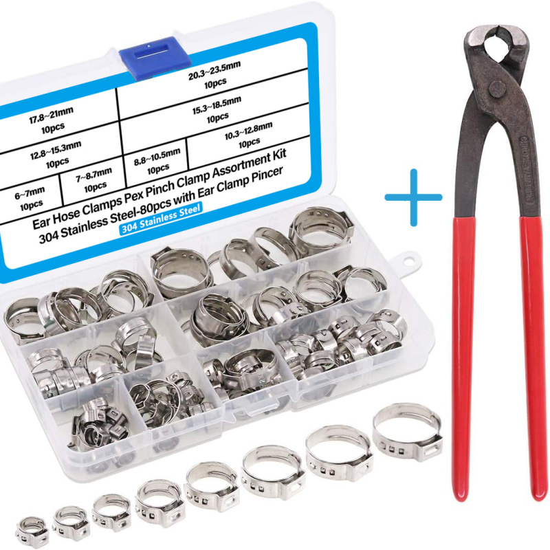 Stezaljka za grlo — 80 komada, 304 nehrđajućeg čelika, jednovušna bezšavna, 6–23,5 mm, s kliještima