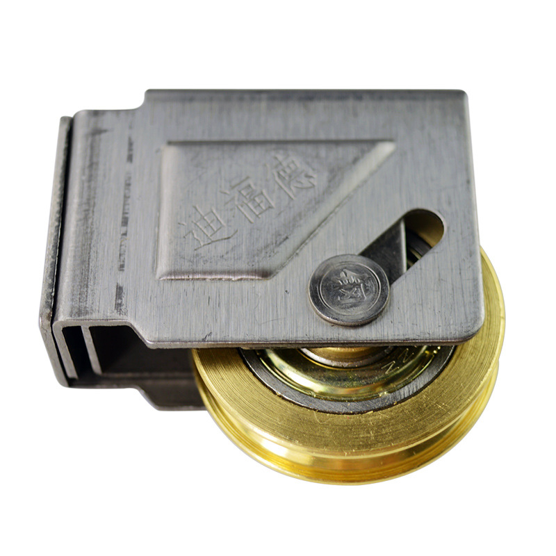 Rolna za vrata i prozore s kućištem od nehrđajućeg čelika i bakrenim kotačićem s ležajem, model DFD-HL73-T; radijus utora za uže 14,25 mm; promjer osovine 10 mm; pogodno za aluminijske dvostruke vrata i prozore tipa 73