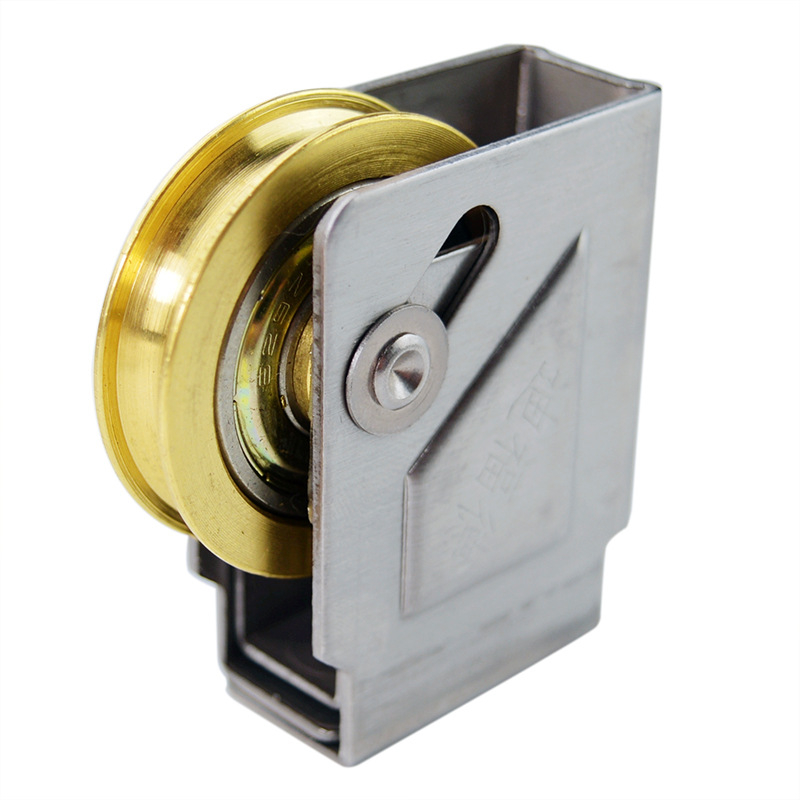 Rolna za vrata i prozore s kućištem od nehrđajućeg čelika i bakrenim kotačićem s ležajem, model DFD-HL73-T; radijus utora za uže 14,25 mm; promjer osovine 10 mm; pogodno za aluminijske dvostruke vrata i prozore tipa 73