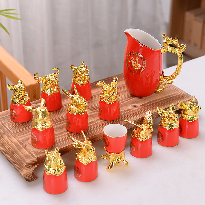 Keramički set čaša za vino sa dvanaest znamenja zodijaka – 13 komada, moderan minimalistički stil, moguć ispis logotipa