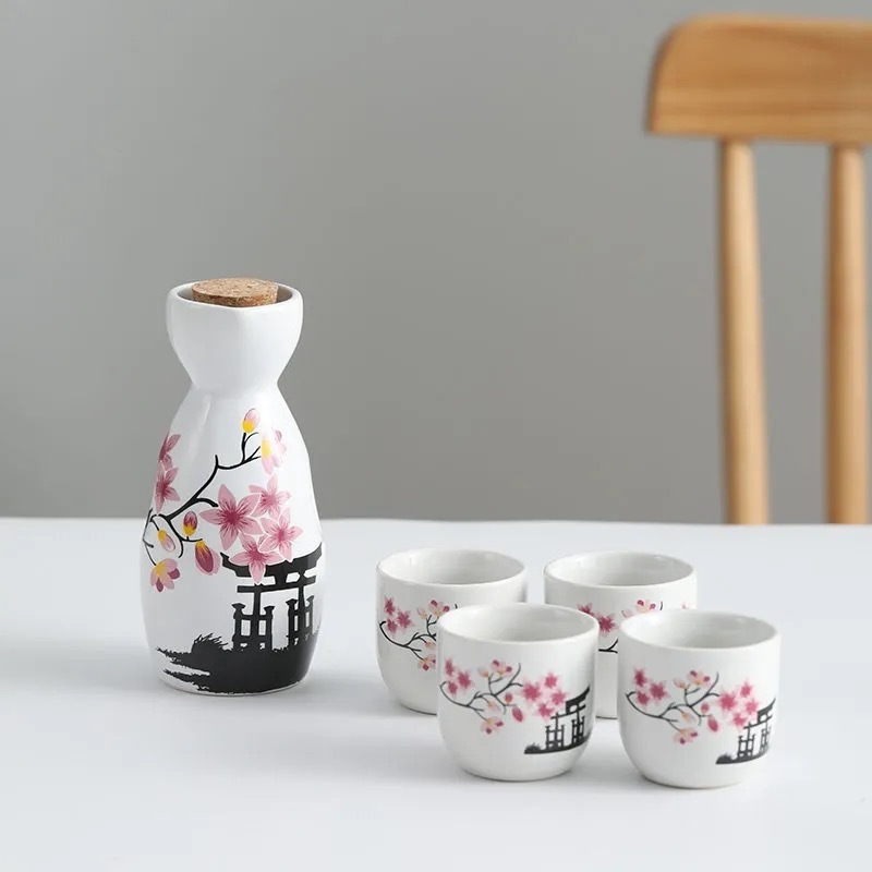 Keramički set za vino u japanskom stilu sa četiri čaše u jednom posudi, moguć otisak logotipa