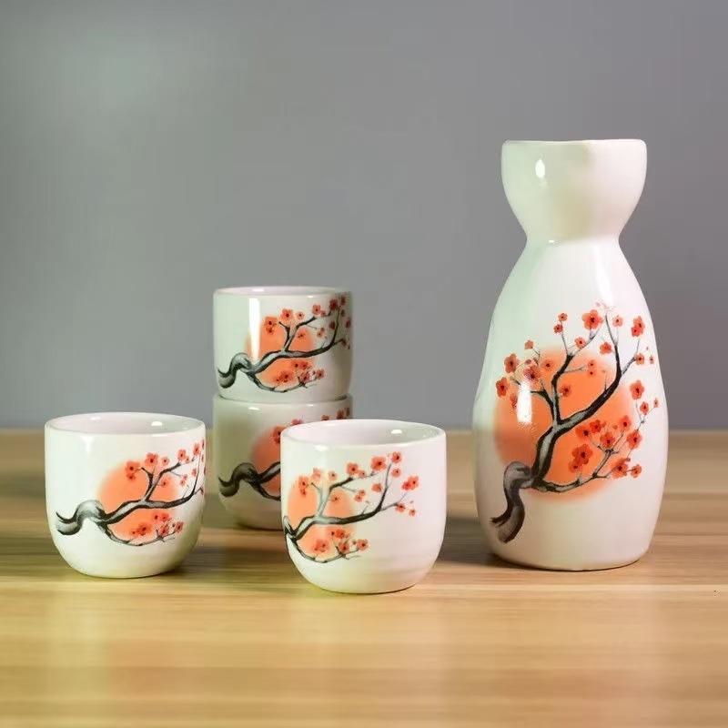 Keramički set za vino u japanskom stilu sa četiri čaše u jednom posudi, moguć otisak logotipa