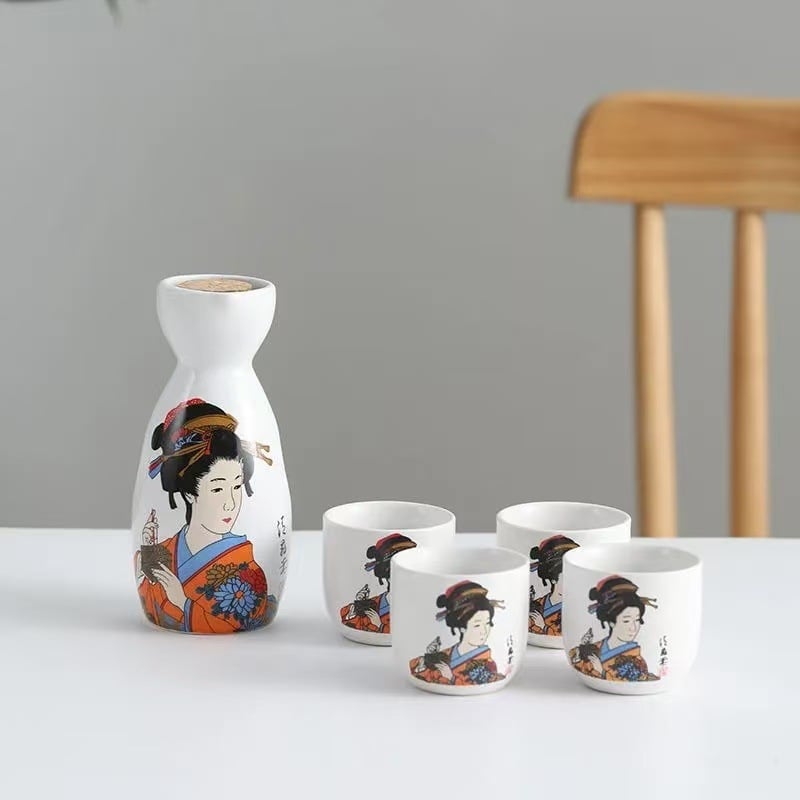 Keramički set za vino u japanskom stilu sa četiri čaše u jednom posudi, moguć otisak logotipa