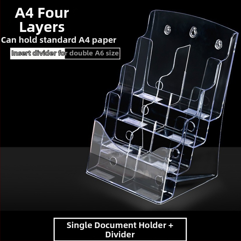 Akrylový informačný stojan na dokumenty, 4-podlažný stolný organizér na brožúry a letáky, medzera medzi policami 10 cm