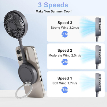 Magnetski USB ventilator s MagSafe držačem za telefon, 6 lopatica, brushless motor, ugrađena baterija 800–1000 mAh, 3 brzine, tih rad
