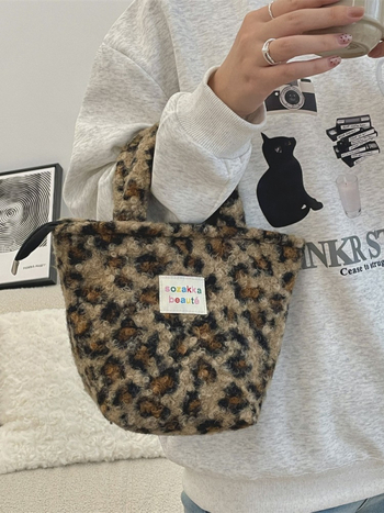 Ženska pliš torba s leopard uzorkom, gradski stil, tote torba, oblik kante, zatvarač