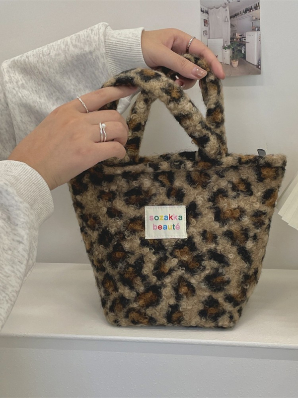 Ženska pliš torba s leopard uzorkom, gradski stil, tote torba, oblik kante, zatvarač